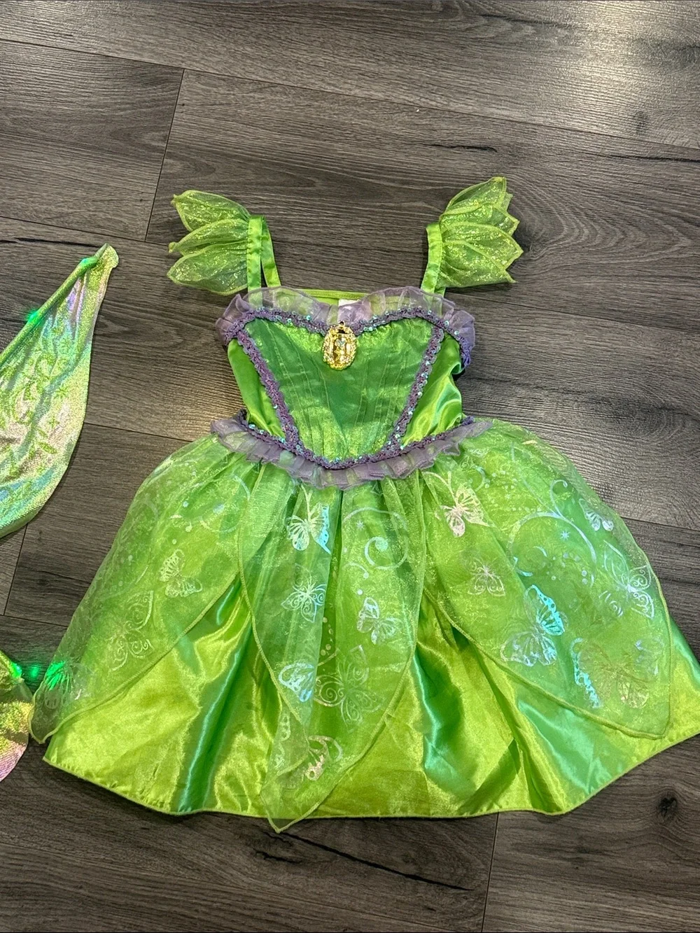 Disney Tinkerbell Green Fairy Tulle Dress Costume with Light Up Wings Halloween